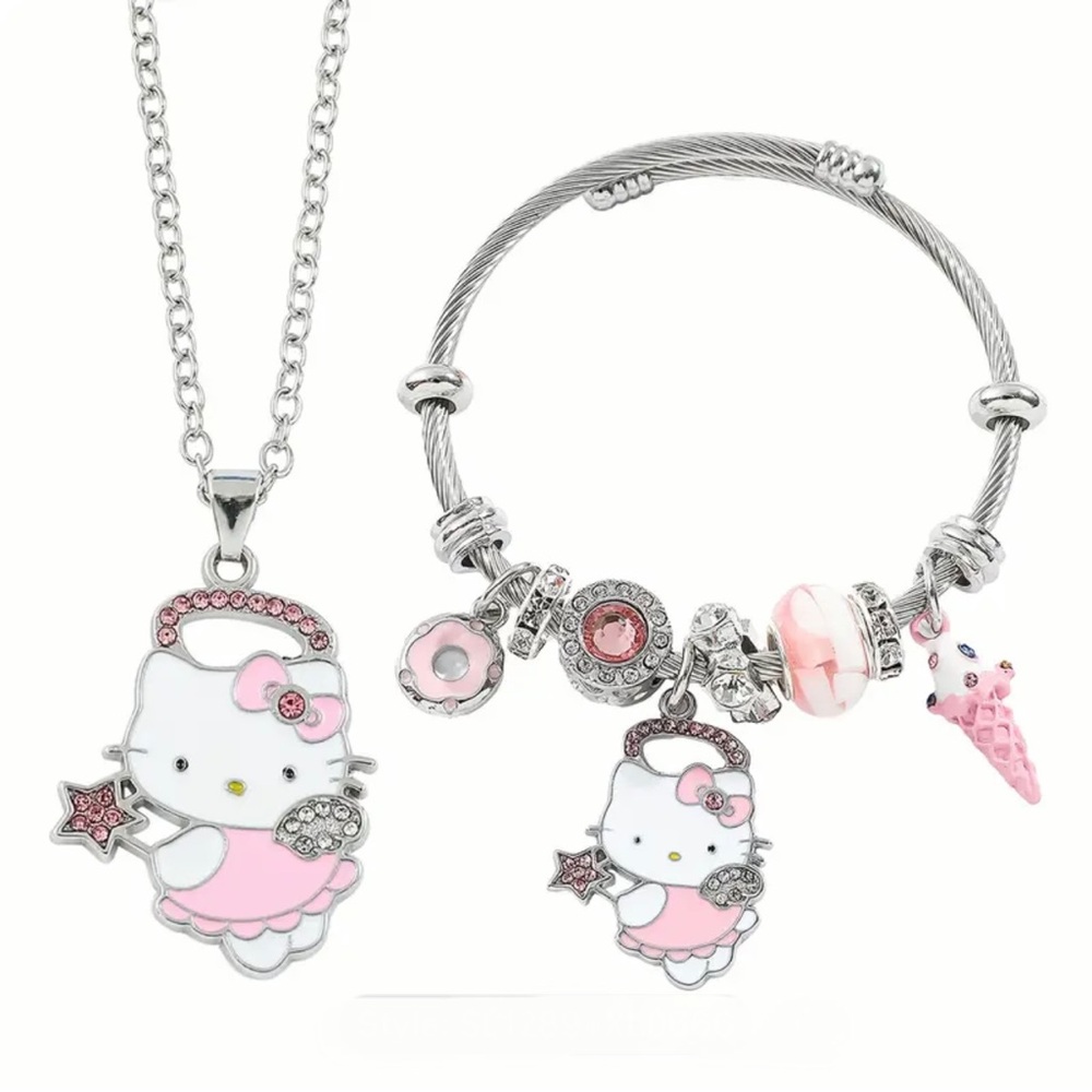 Hello Kitty Charm Bracelet & Necklace Set - Pink Glitter Kawaii Jewelry